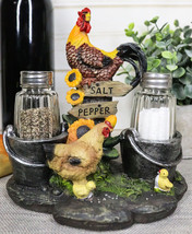 Country Rooster Hen and Chicks Family Salt and Pepper Shakers Holder Set 7&quot;H - £21.38 GBP