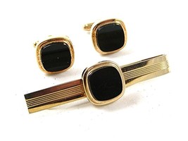 Vintage Gold Tone &amp; Black Cufflinks &amp; Tie Clasp By FLEX LET QUALITY 92816 - £26.17 GBP