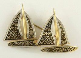 Vintage Costume Jewelry Gold Silver Tone Metal Damascene Twin Sailboat Ship Pin - £16.43 GBP