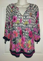 Figueroa &amp; Flower 3/4 Sleeve Floral Boho V-Neck Tunic Top Blouse Size Pe... - £7.46 GBP