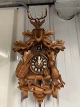 Vintage Wooden Cuckoo Clock Made In Germay Hunters Dream Buck, Rabbit, Bird READ - £165.21 GBP