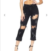 Vibrant MIU Jeans Juniors Black Destroyed Holes Skinny Crop Jeans 3 - $20.69