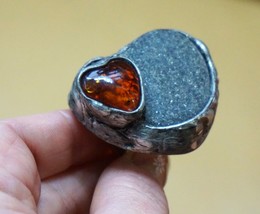 Amber Ring Giant Heart Shape Silver Adjustable Ring Unique Holiday Gift Idea - £318.70 GBP