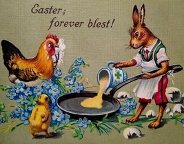Easter Postcard Anthropomorphic Dressed Rabbit Makes Pancakes Germany 358 Unused - £26.54 GBP