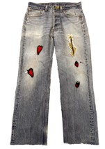 Vintage Upcycled buttonfly Levi JEANS Boho Patched reworked Hippie Jeans 30X25 - £46.18 GBP