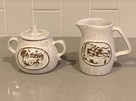 Vintage Onion River Pottery Cream &amp; Sugar Stonewear Set RARE - £18.83 GBP