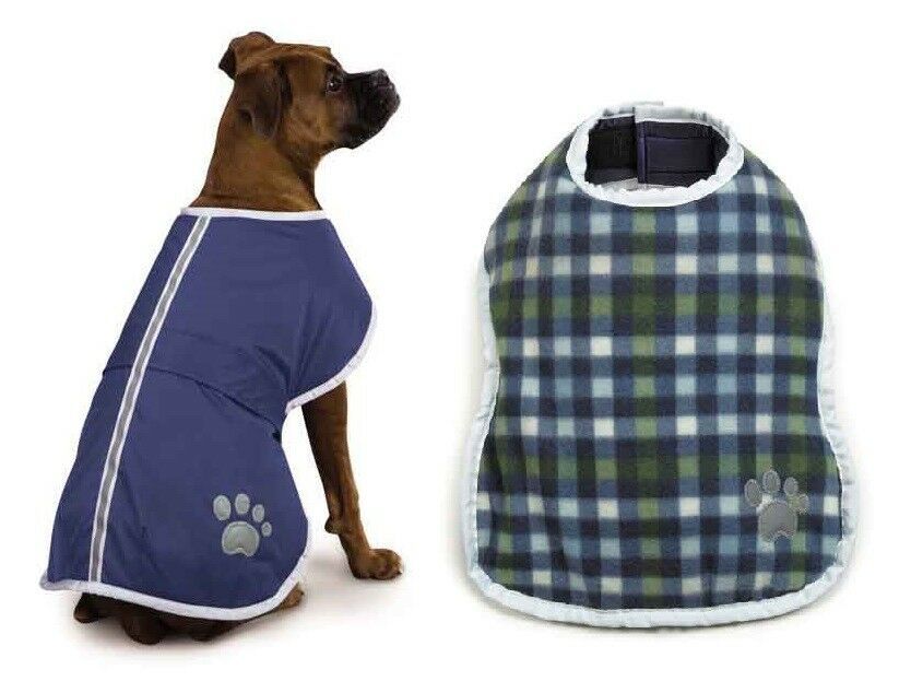 Navy Blue Dog Blanket Coat Waterproof Warm Plaid Fleece Lining Reflective Jacket