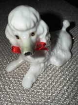 Vtg Bone China POODLE DOG Figurine 3&quot; With Red Bow Ornament - $27.68 CAD