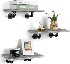 3Pcs Rustic Wall Mounted Wood Floating Shelf With Industrial Metal Pipe Brackets - £48.74 GBP