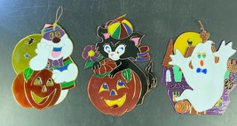 Vintage Halloween Ghost Pumpkin Cat Plastic Stained Glass Window Suncatchers 3 - $19.79