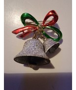 Vintage Brooch Christmas Holiday Bells Silver Tone And Bow Pinback Jewelry  - £15.41 GBP
