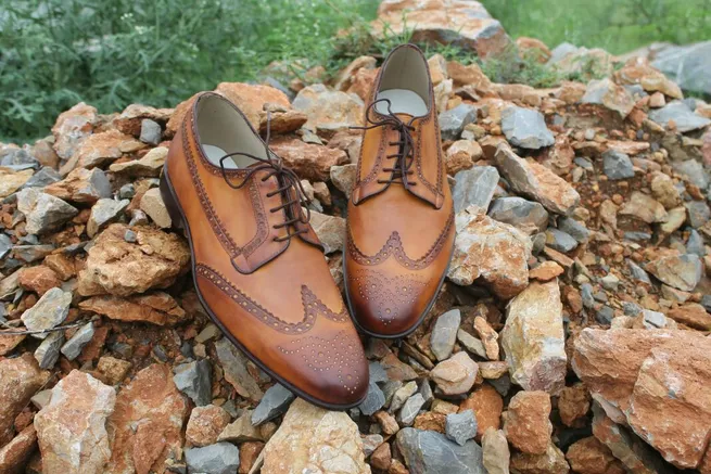 New Handmade Tan Brogue Wing Tip Leather Formal Lace Up Dress Shoes For ... - £139.15 GBP