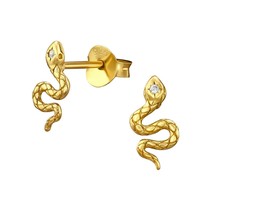 14ct Yellow Gold on Silver Vermeil Diamond Simulant CZ Snake Earrings Hallmarked - £13.02 GBP