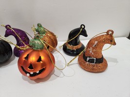 Halloween Orange Pumpkins Witch Hats Plastic Black Ornaments Decor Set of 6 - £13.41 GBP