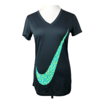 Nike Dri-Fit Tee Womens XS V-Neck Swoosh Logo Black Blue Neon Short Slee... - £13.31 GBP