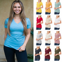 Womens Basic Solid Cotton V-Neck Short Sleeve Crew Neck T-Shirt Longer Top - £10.97 GBP