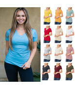 Womens Basic Solid Cotton V-Neck Short Sleeve Crew Neck T-Shirt Longer Top - £10.95 GBP