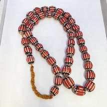 Venetian Inspired Glass Beads 11-14mm Red and white Chevron Beads Necklace - $777.24 MXN