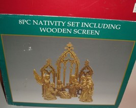 Vintage Nativity Set with wooden screen in box Christmas Gold 90s Christ... - $29.69
