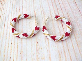 Red Heart Beaded Hoop Statement Post Drop Earrings Dangles for Women, Va... - $20.00