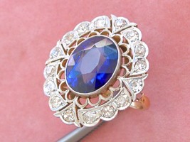 Antique Art Deco 1.04ctw Diamond 7ct Oval Synthetic Sapphire Cocktail Ring 1930 - £1,857.89 GBP
