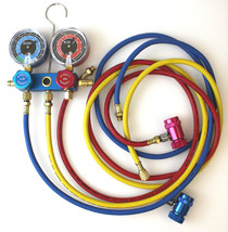 R1234YF HVAC Air Conditioning Aluminum Manifold Gauge Set W/ 3 Color Hoses A/C - £64.98 GBP