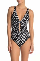 Athena AT13550 ATTrellis Front Plunge One-Piece Swimsuit Sz 8 Black white - £44.02 GBP