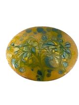Vintage Inga Art Glass Brooch Oval Yellow Green Blue Abstract Signed Mid... - $26.10