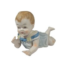 Heubach Style Unmarked Bisque 9X5&quot; Piano Baby Figurine - Boy Or Girl Blue Outfit - £59.75 GBP