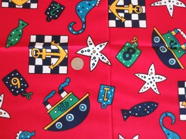 3165. Red Juvenile Nautical Print Craft Quilting Cotton FABRIC--45&quot; X 1 1/8 Yds. - £3.99 GBP