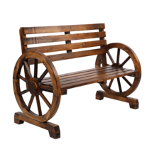 Rustic 2-Person Wooden Wagon Wheel Bench with Slatted Seat and Backrest, Brown - $203.25