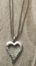 Vintage 20” Heart 1” Pendant  Necklace Double Strand  Chain Silver Metal - £2.24 GBP