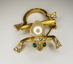 Vintage Brooch Pin Frog Green &amp; Clear Rhinestones W/ Glasses Holder Eyeglasses - £9.41 GBP