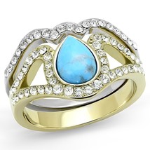 2PCs Elegant Two Tone Turquoise &amp; CZ  Gold Plated Engagement Bridal Ring Sz 5-10 - £56.89 GBP