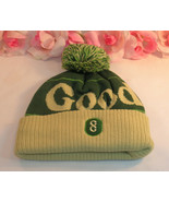 New Green &amp; Cream Knit Cap with Pom Pom one Size Fleece Lined - $19.99