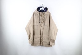 Vintage 90s Eddie Bauer Mens XL Distressed Hooded Rain Parka Jacket Coat Beige - £54.47 GBP