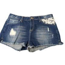 Sound Girl Booty Denim Frayed Distressed Shorts Crochet Pockets Accent s... - £7.45 GBP
