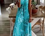 Aqua Blue Spaghetti Strap Round Scoop Neck Full Length Floral Summer Dress - $41.95