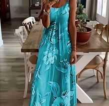 Aqua Blue Spaghetti Strap Round Scoop Neck Full Length Floral Summer Dress - $41.95