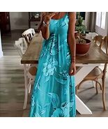 Aqua Blue Spaghetti Strap Round Scoop Neck Full Length Floral Summer Dress - $41.95