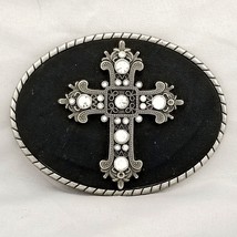 Vintage Belt Buckle Metal And Black Leather Cross Religious Jesus Rhines... - £22.86 GBP