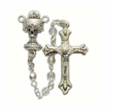 Round Crystal Glass Beads And Chalice Center Rosary Crucifix Cross - £31.59 GBP