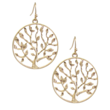 Tree of Life Round Disc Dangle Drop Earrings Gold - £9.69 GBP