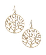 Tree of Life Round Disc Dangle Drop Earrings Gold - £9.62 GBP