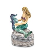 Bejeweled Silver Toned Enameled Mermaid with Seahorse Trinket Box - $2,065.25 MXN