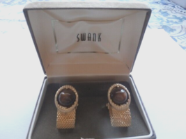 Vintage Swank Gold Colored Mesh Cufflinks With Brown Stones - £9.68 GBP