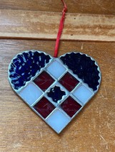 Red White &amp; Blue Patriotic Stained Glass HEART Christmas Tree Ornament  – - £11.71 GBP