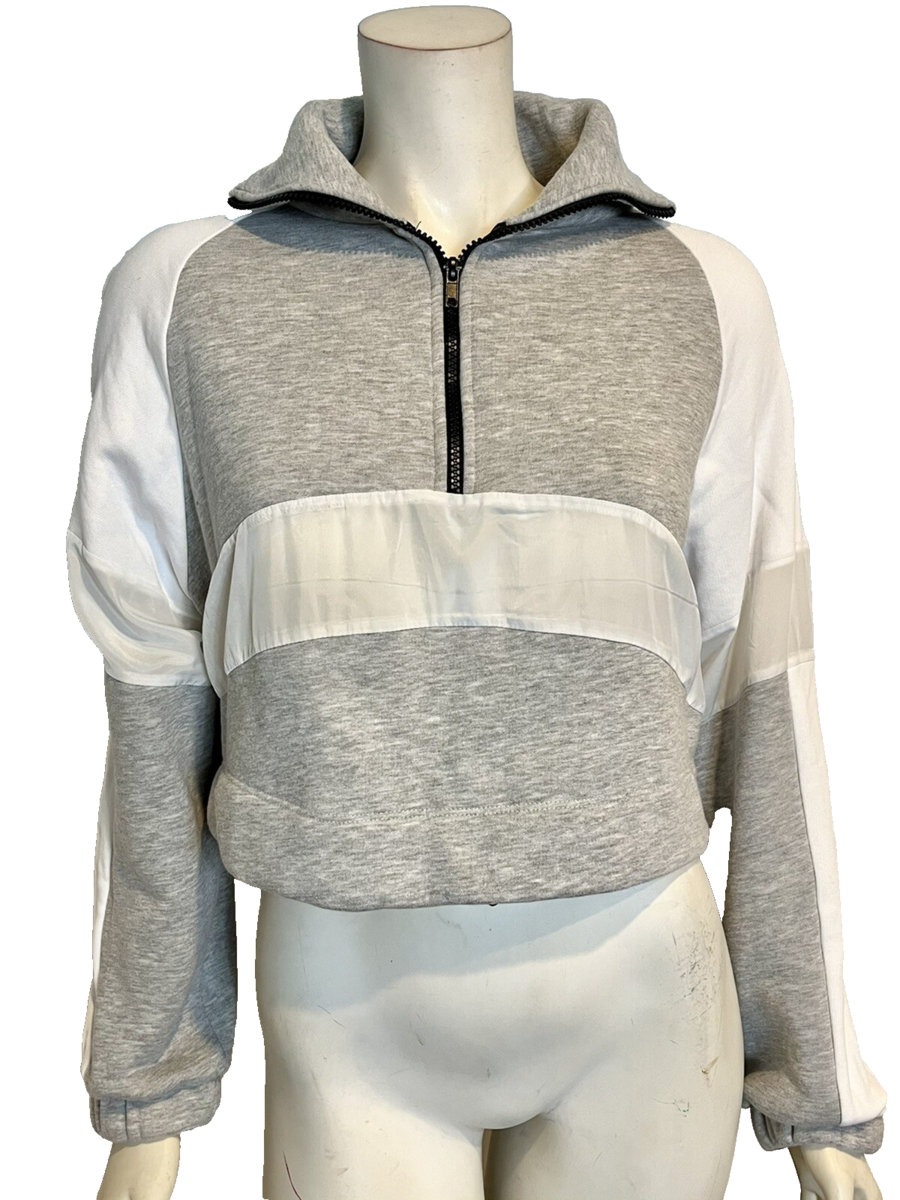 Urban Outfitters Gray and White 1/4 Zip Fleece Cropped Pullover Size XS - $23.74