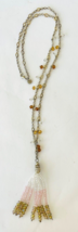 Loft Beaded Necklace Gold Pink White on Chain 32&quot; Plus 2&quot; Fringe Tassel ... - $19.34