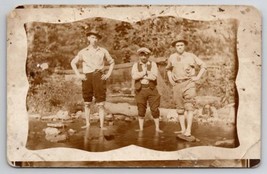 RPPC Three Men Wading in Creek Rolled Pants Legs for Photo Postcard F29 - $12.95